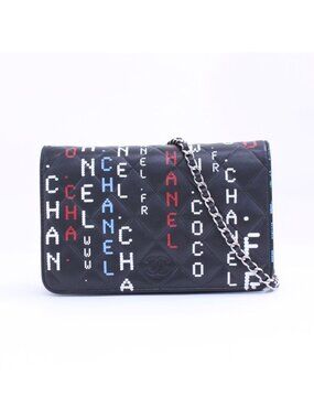 Chanel Typography Chain Wallet Leather Black Multicolor Shoulder Bag Silver